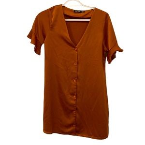 Nasty Gal Orange Silk Dress With Flutter Sleeve And Button Front. Size 6.